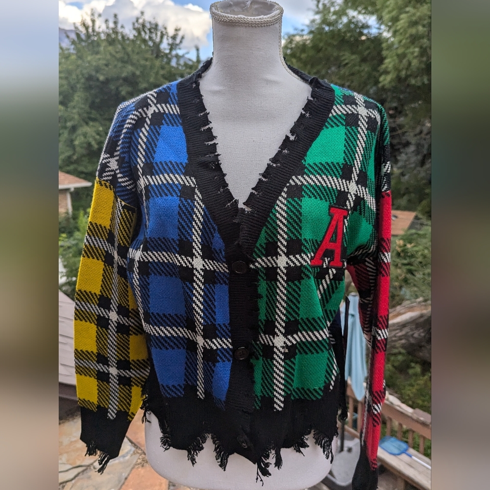 NWT Runway 7 Distressed Plaid Cardigan Size XL